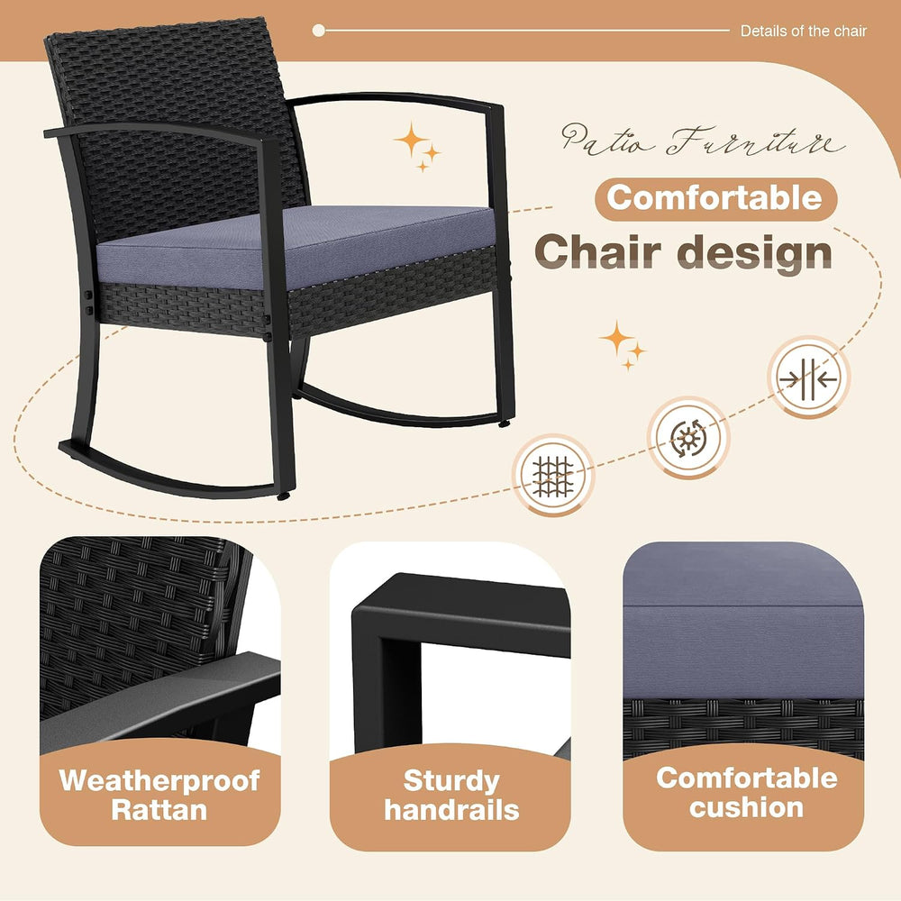 Greesum 3 Pieces Outdoor Furniture Set Patio Bistro Rocking Chairs with Glass...