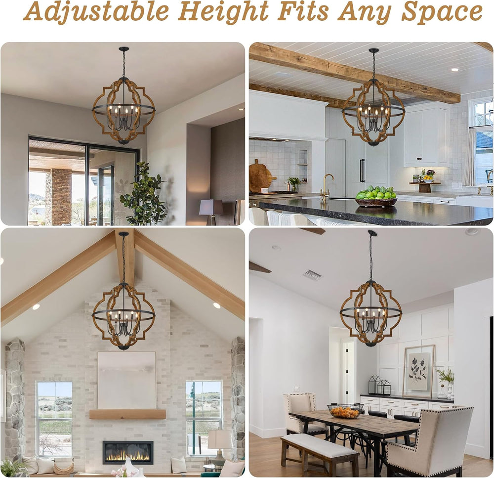 31.96" 8 Light Brown Oak Wood Drum Pendant Light for Dining Room