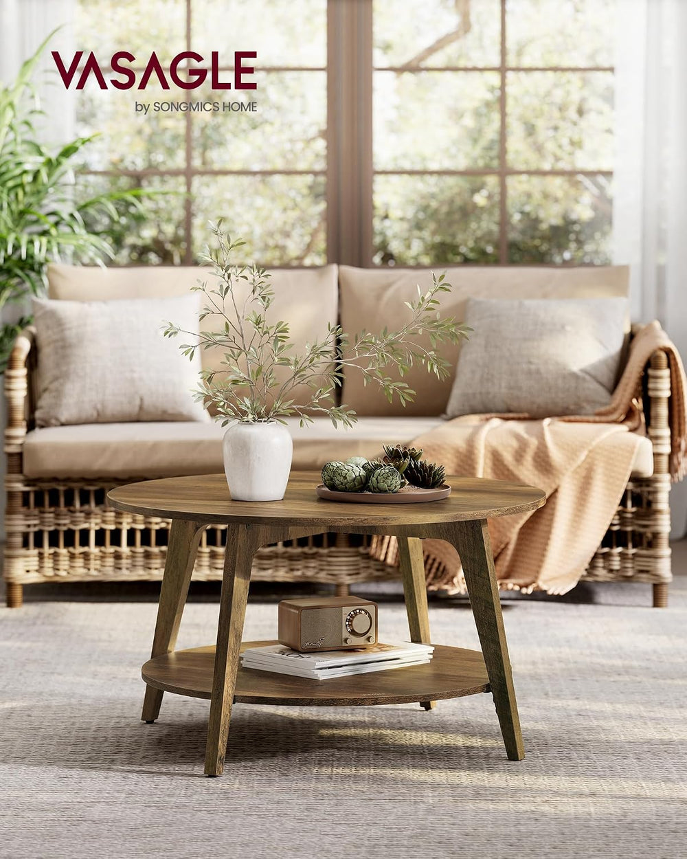 VASAGLE Round Coffee Table, 2-Tier Center Table with Storage, Tapered Legs
