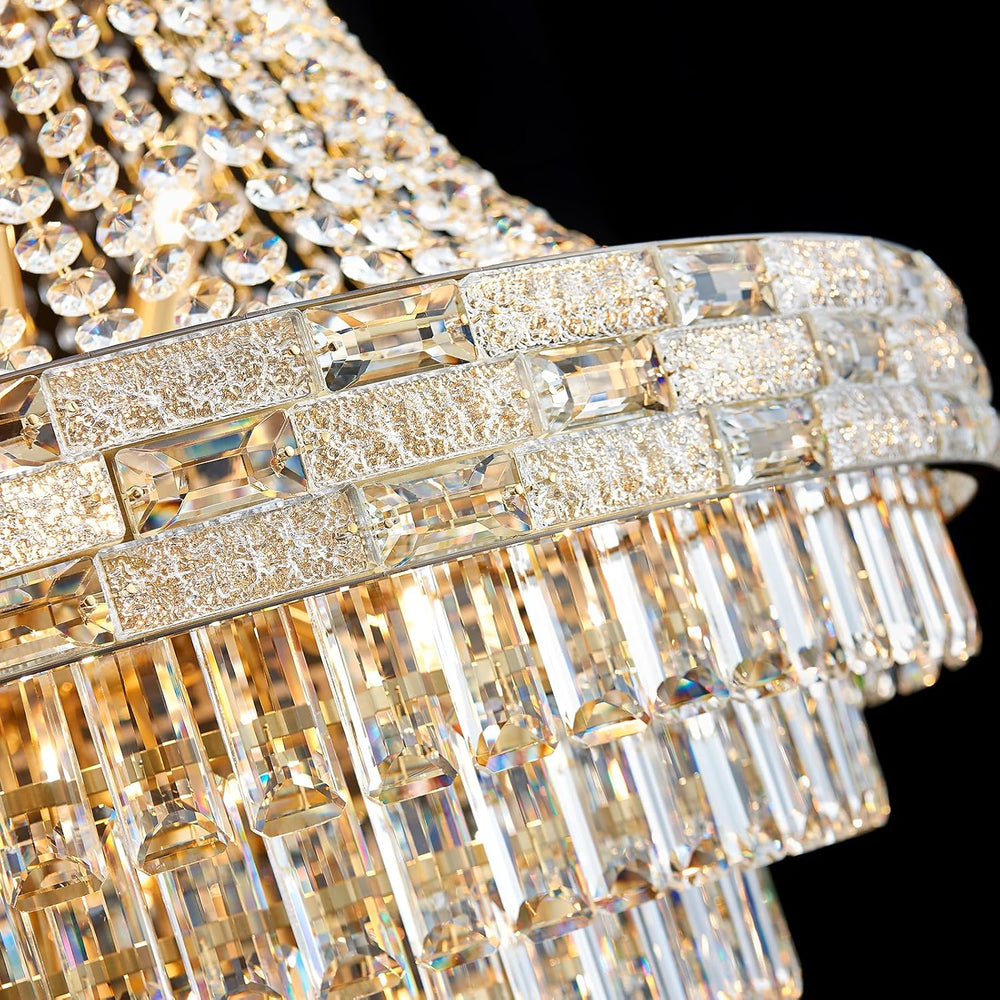25-Light Gold Crystal Chandelier, 3-Layer High Ceiling Hanging Chandeliers Mo...