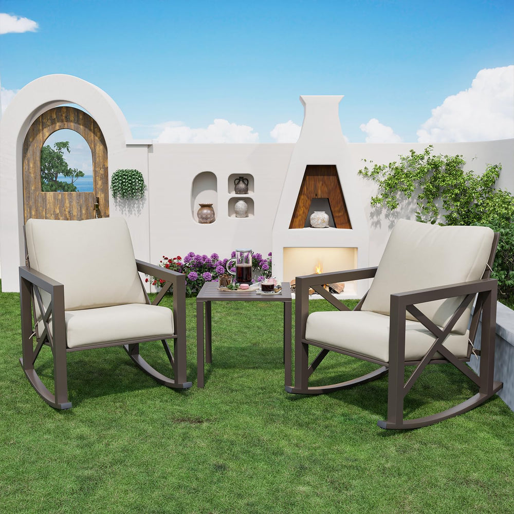 Outdoor Rocking Bistro Set, Patio Chairs Set of 2 with Coffee Table, Beige