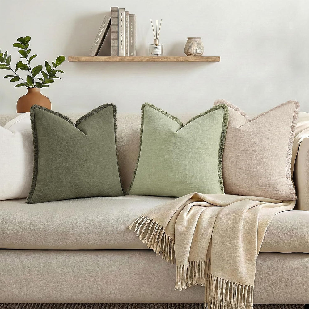 decorUhome Linen Fringe Natural Beige Throw Pillow Covers 22x22 Set of 2