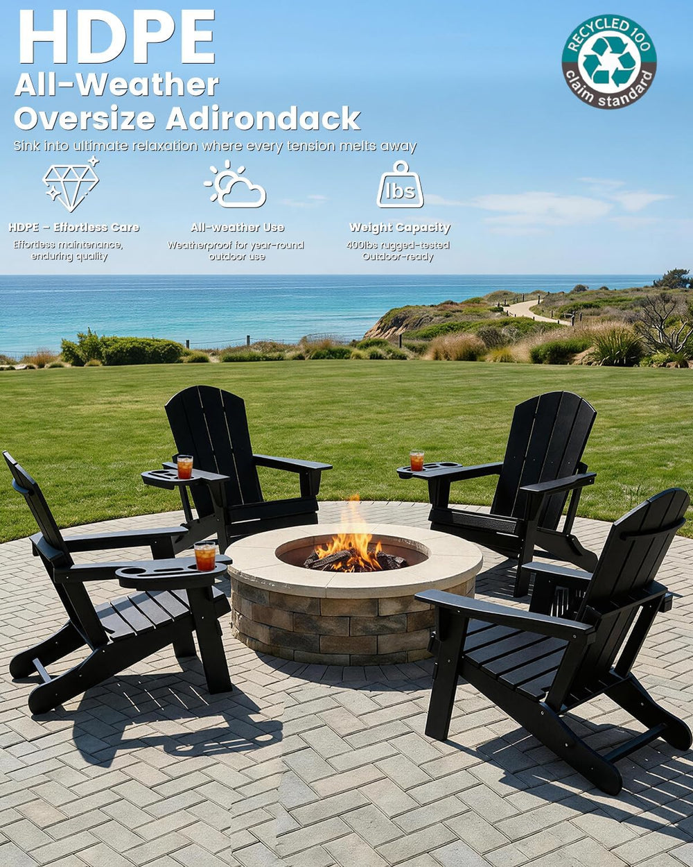 Folding Adirondack Chair Set of 2 with 4-in-1 Cup Holder,Fire Pit Chair