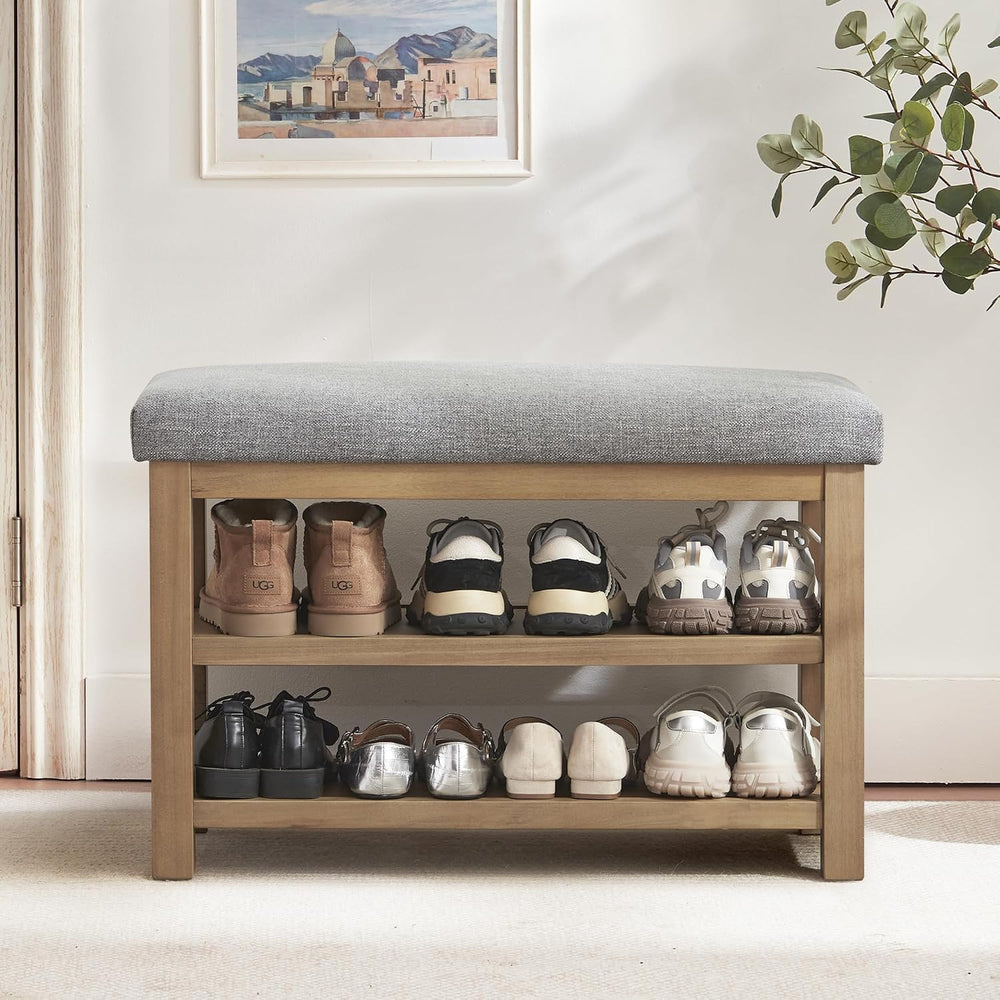 Zihanhome Shoe Rack Bench with Cushion, 2 Tier Solid Wood Storage Bench, Mid-...