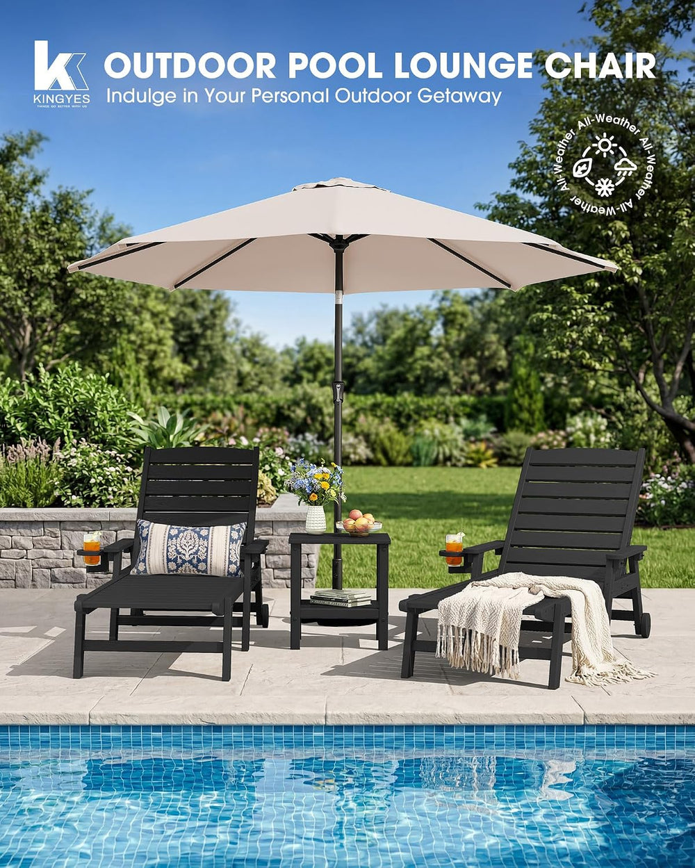KINGYES HDPE Lounge Chair Outdoor Set of 2, All Weather Pool Lounger