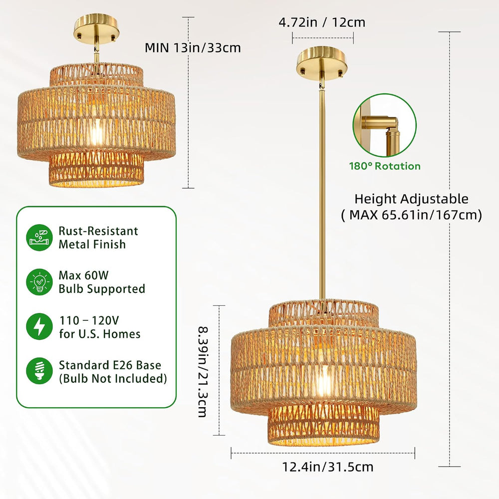 Phaosio 12.4" Boho Rattan Chandelier Hand Woven Rattan Pendant Light