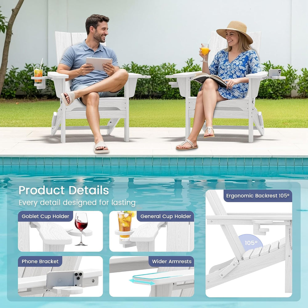 SERWALL HDPE Modern Folding Adirondack Chair with Dual Cup Holder, White