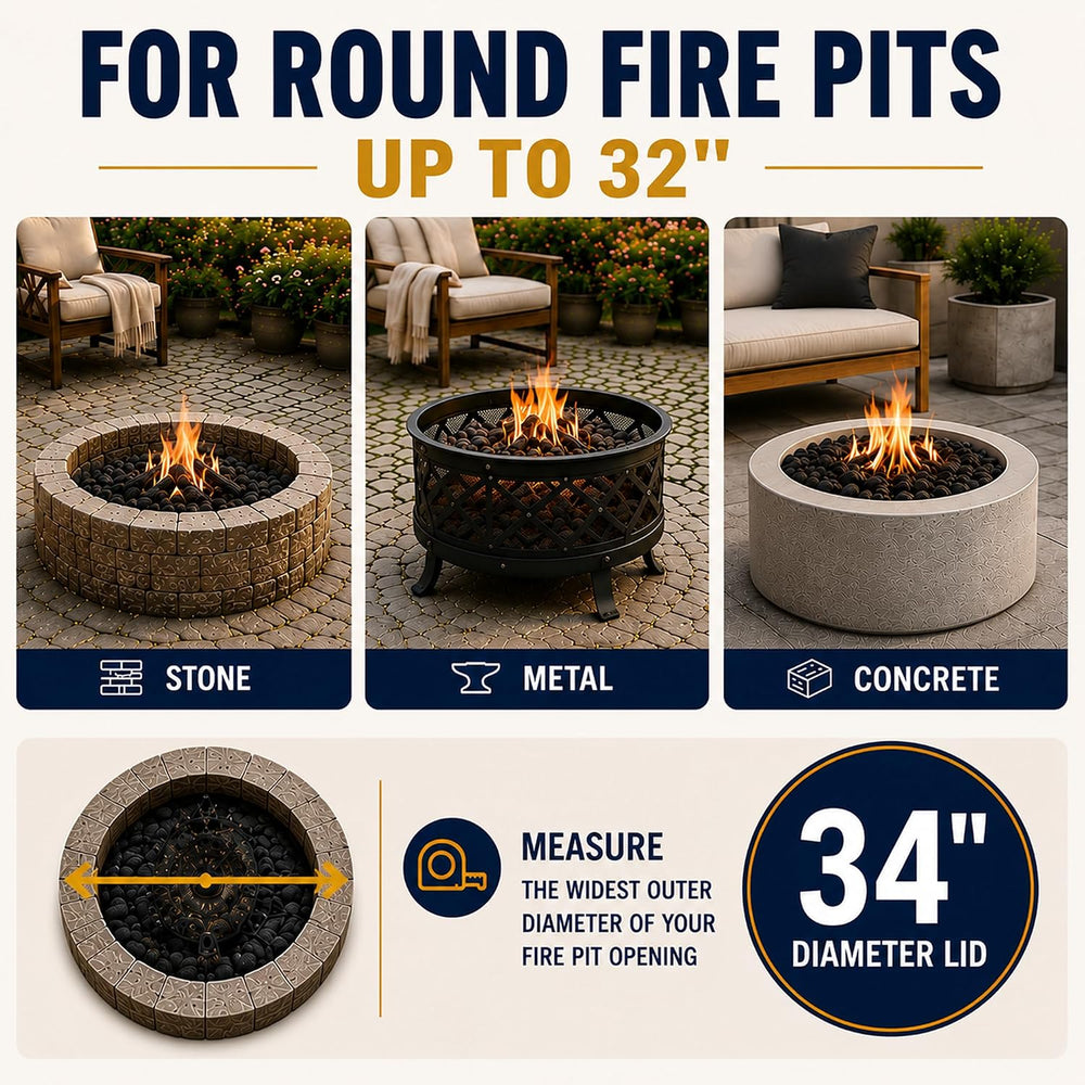 34 in Round Fire Pit Lid, 1.5 mm Steel Cover with Wooden Handle