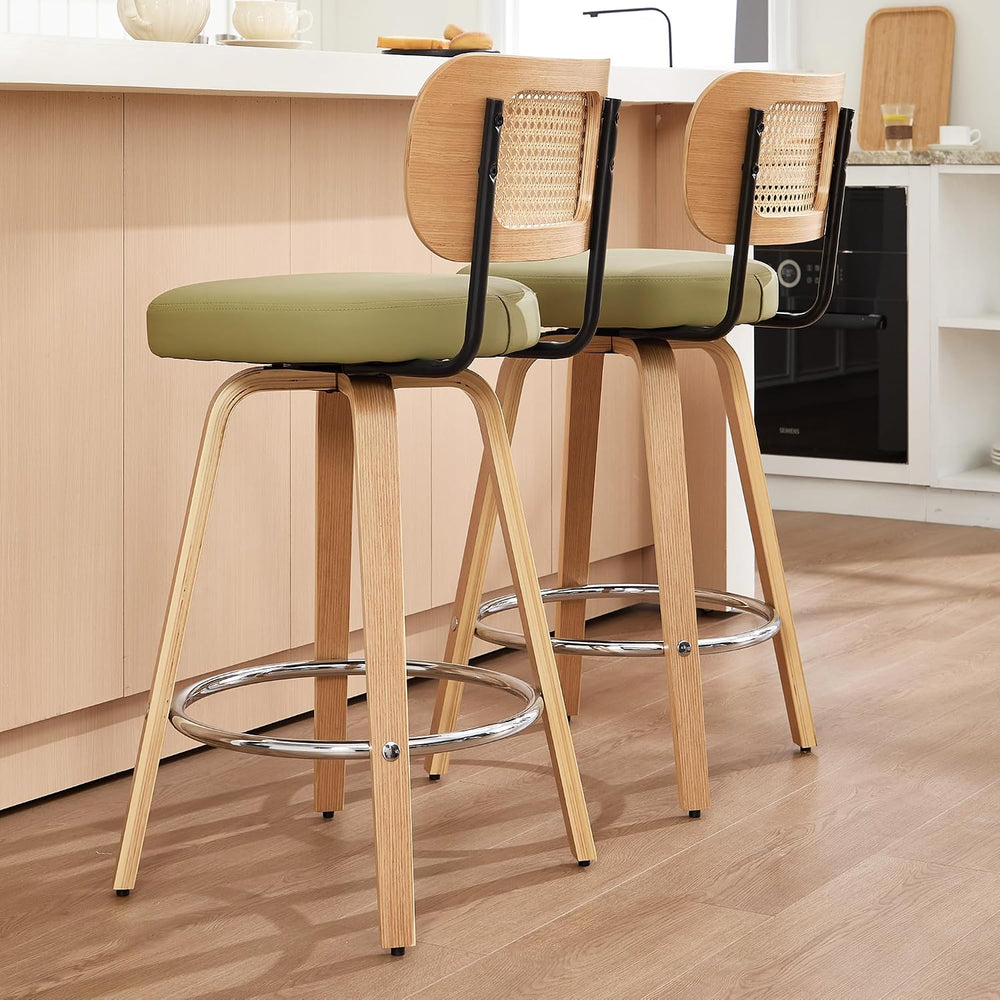 Rattan Bar Stools Set of 2,Upholstered PU Leather, 26‘’ Counter Height Barsto...