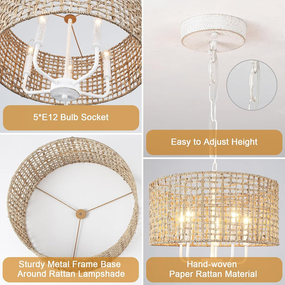 Rattan Chandelier 5-Light Farmhouse Boho Pendant Light Fixture for Dining Roo...