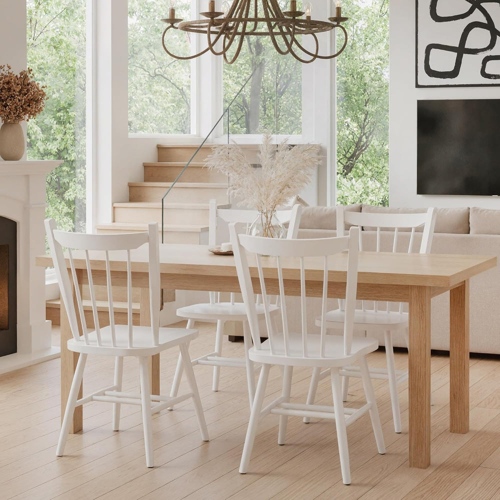 HNY White Windsor Dining Chairs Set of 4, Farmhouse Wooden Kitchen Chairs wit...