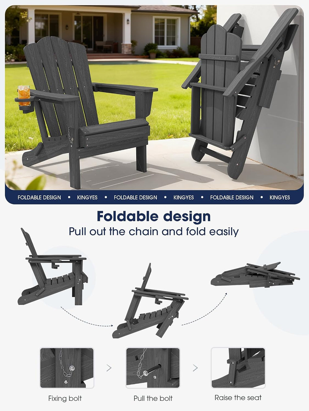 KINGYES Folding Adirondack Chair Set of 2 with Cup Holder, Grey