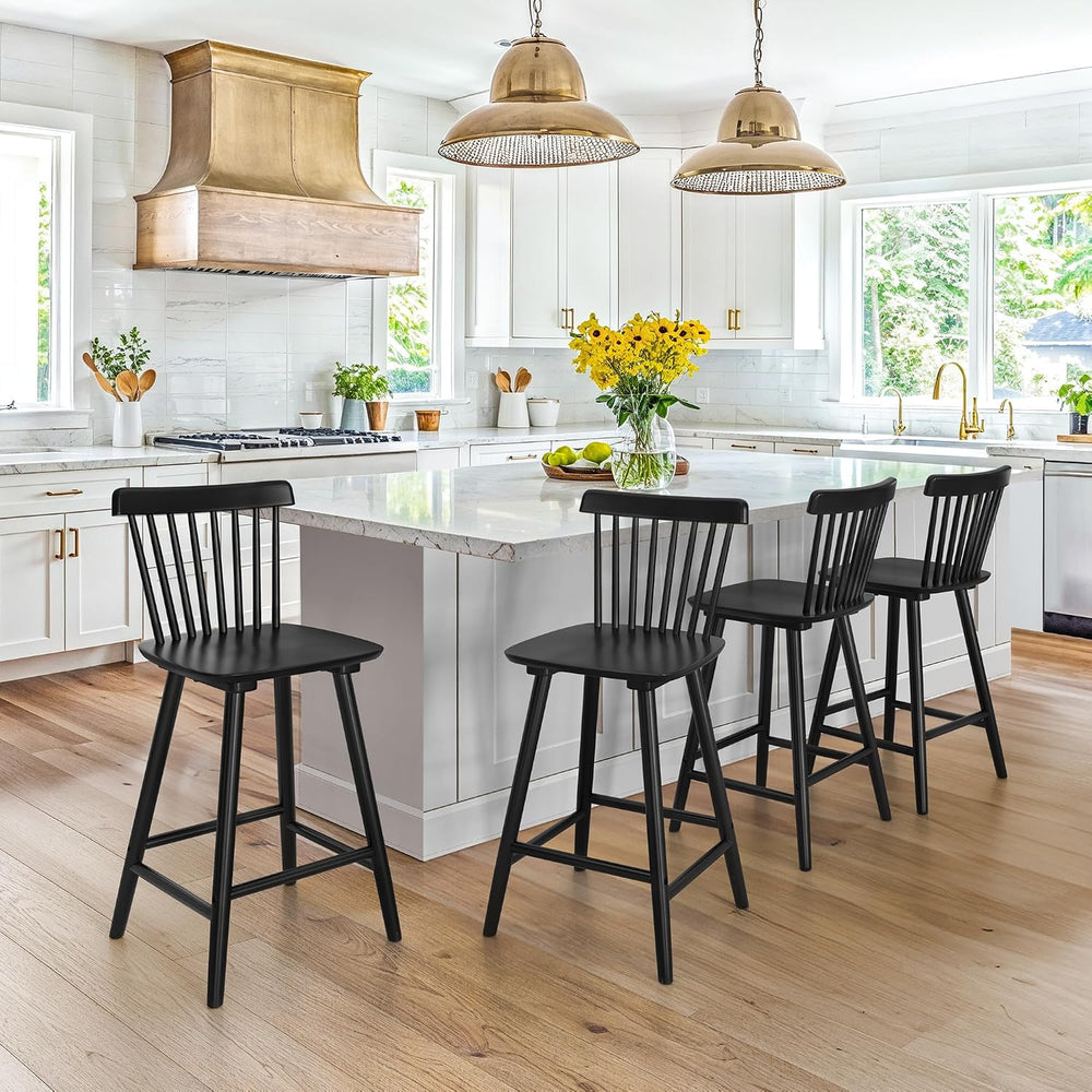 LUE BONA Upgraded Windsor Wooden Black Bar Stools Set of 3, 24 Inch Counter H...