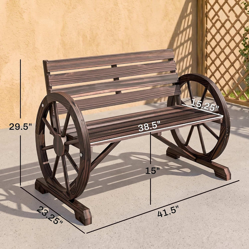 Outsunny 41" Wooden Wagon Wheel Bench Rustic Outdoor 2-Person Carbonized