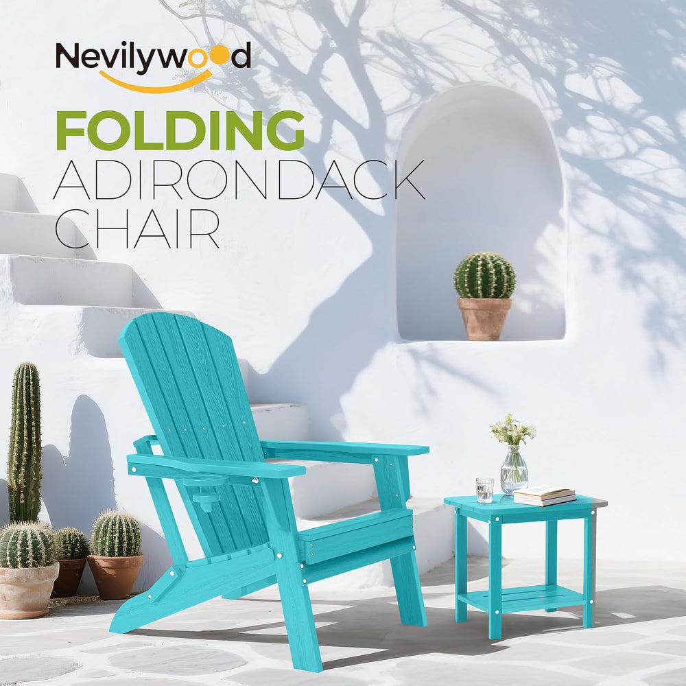 nevilywood Folding Adirondack Chair, HDPE Ergonomic Cup Holder, Aruba