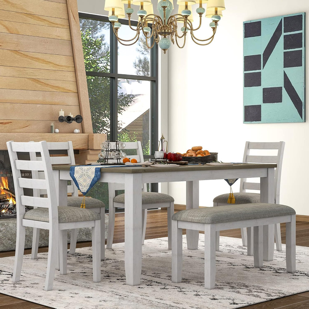 Merax Wooden Dining Table Set with Upholstered Chairs and Bench, 6-Piece Dini...
