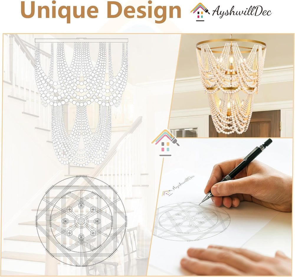 12-Light 25.6" Boho Wood Beaded Chandelier for Living Room, H88 Adjustab...