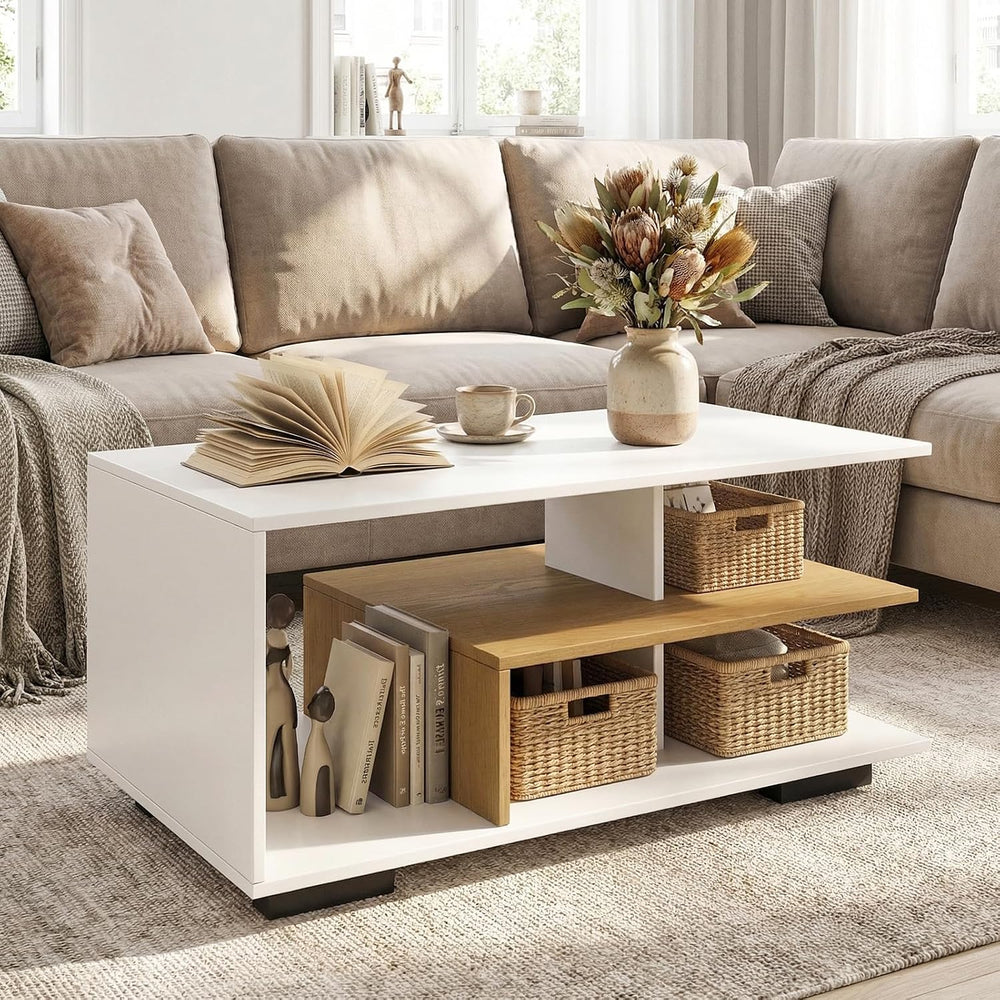 GOFLAME Rectangular Coffee Table for Living Room, 3-Tier Wood Center Table wi...