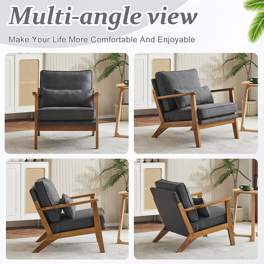 VINGLI Solid Wood Wide Armrests Accent Chair,Upholstered Mid Century Modern C...