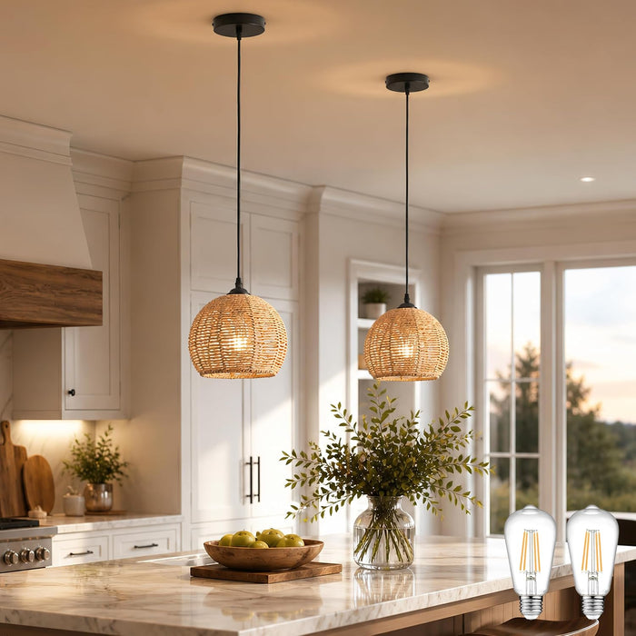 2 Pack Wicker Pendant Light Natural Woven Pendant Light Boho Chandelier Light Fixture Dome Rustic Farmhouse Pendant Lights Rattan Light Fixture for Kitchen Island Dining Room (Bulb Incl.)