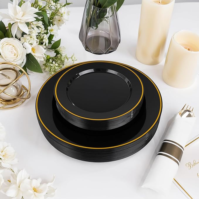 SUT 350 Pcs Black and Gold Plastic Dinnerware Set for 50 Guests, Include: 50 ...