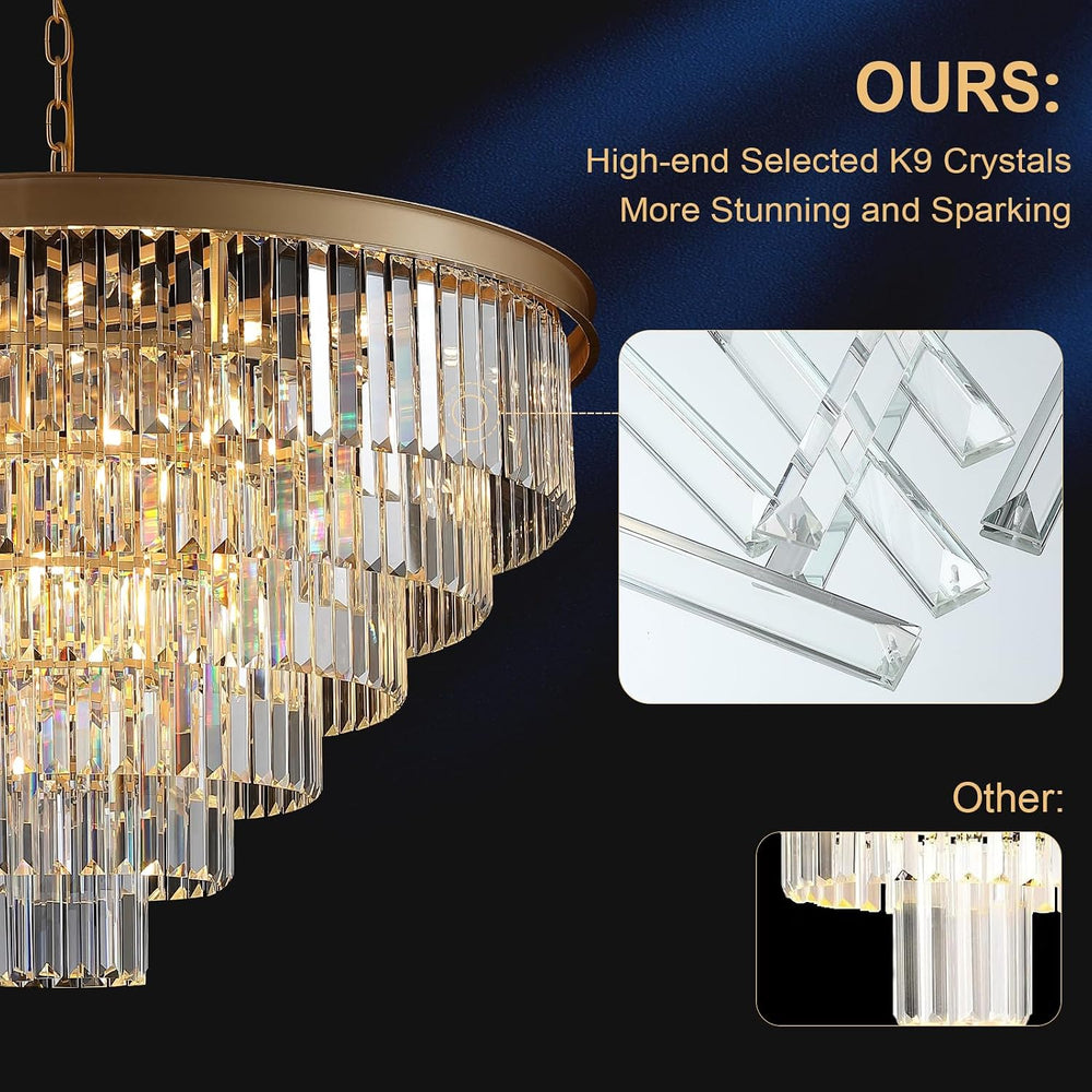 Modern Gold Crystal Chandelier 35”Large Chandeliers for High Ceiling Foyer