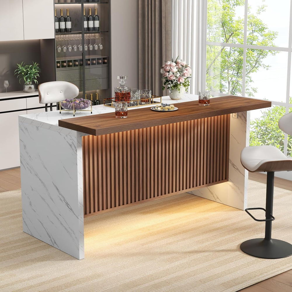 63" Large Imitation Marble Bar Table, Kitchen Island Table with LED Lights