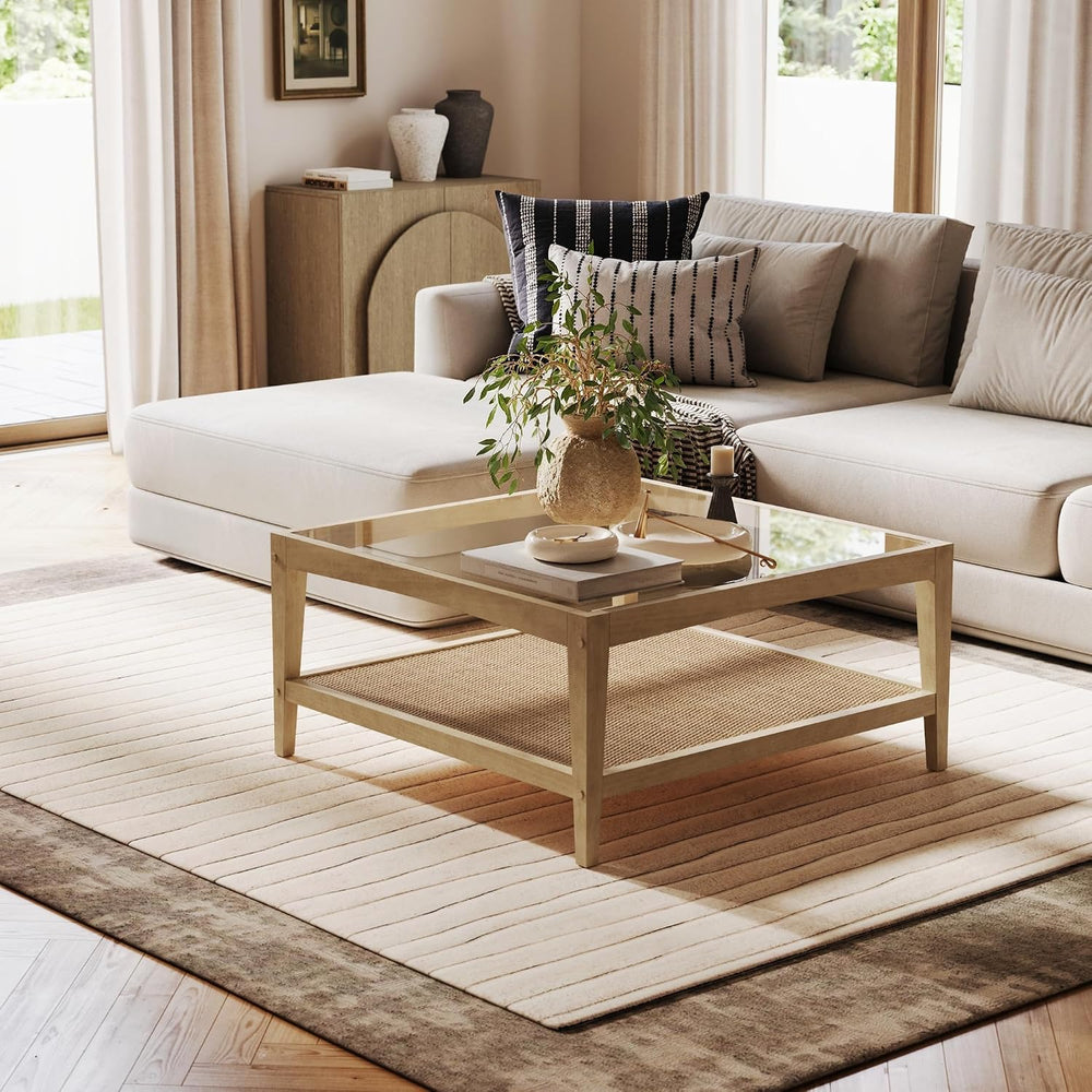 Nathan James Hayes Glass Top Coffee Table, Solid Wood Coffee Table with Glass...