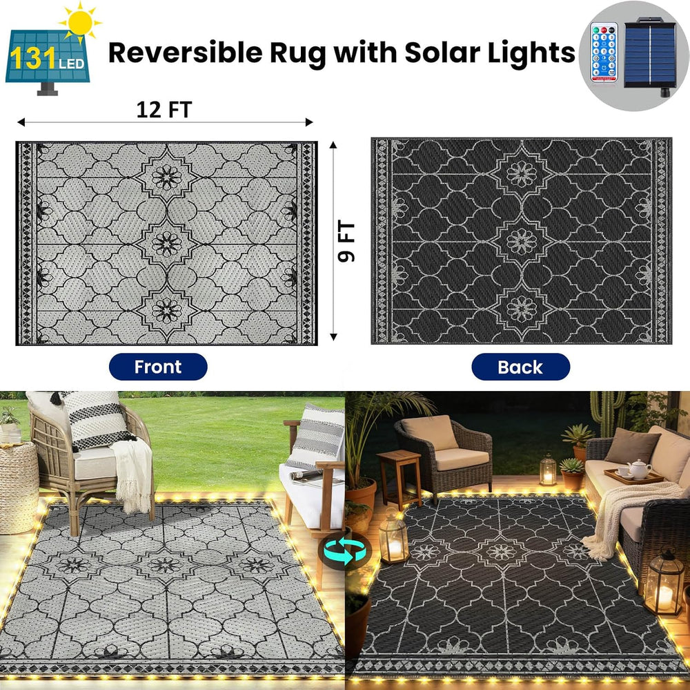 9x12Ft Outdoor Rug, Solar Powered Outdoor Rug with 131LEDs Strip Lights for H...