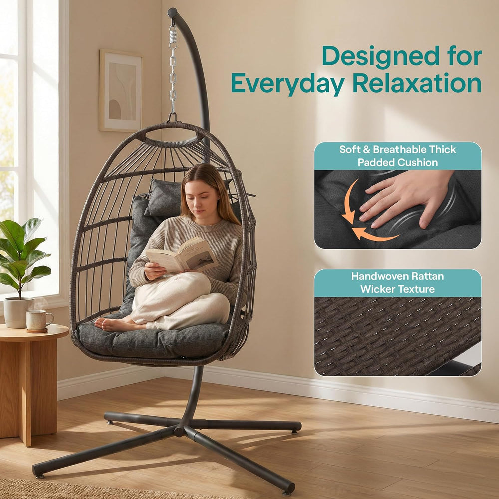 SereneLife Foldable Egg Chair with Stand | Indoor & Outdoor Swing Seat fo...