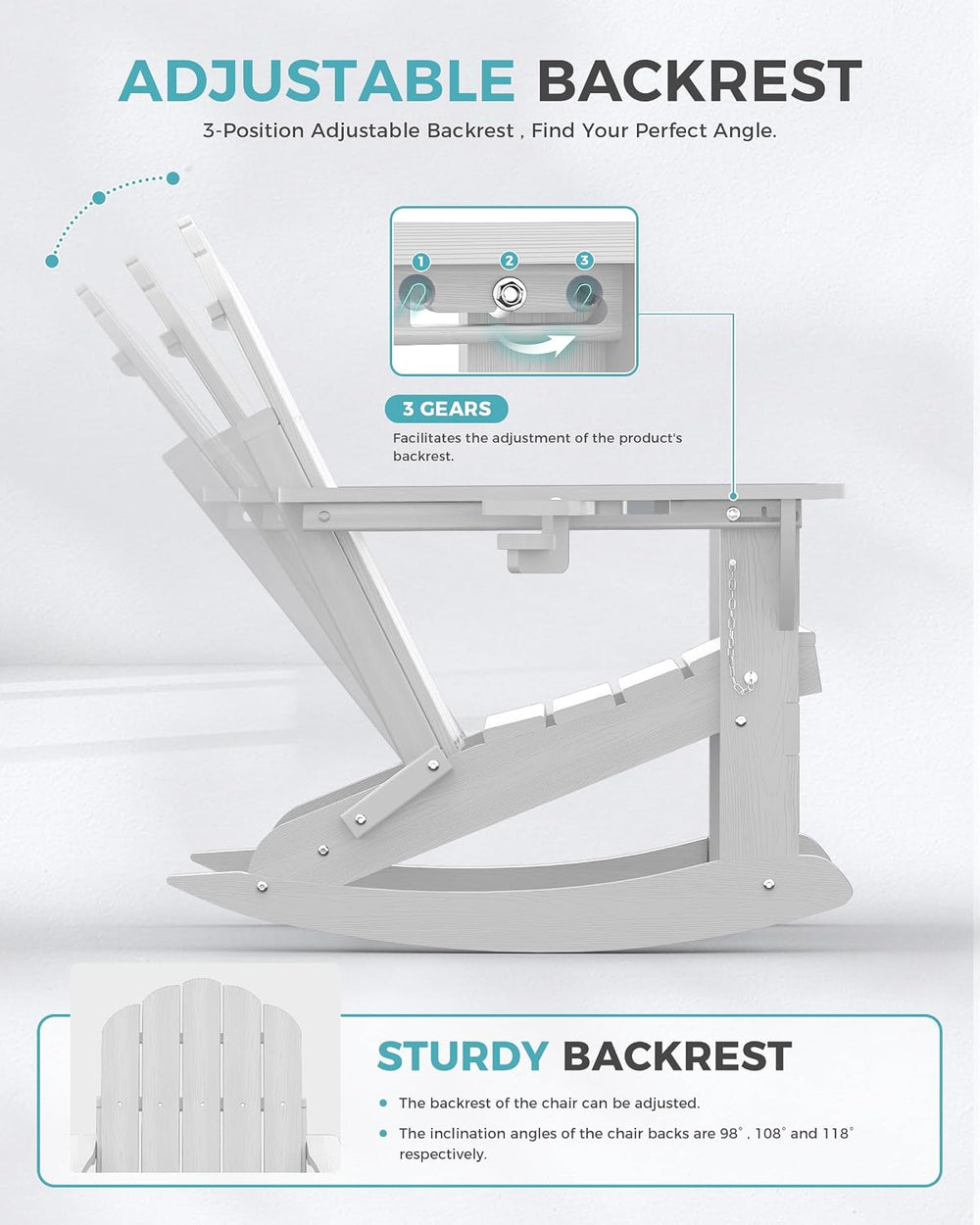 Ciokea Adirondack Rocking Chair with Ottoman, Foldable HDPE Rocker (White)