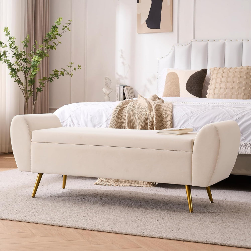 56" Storage Bench for Bedroom King Size Bed, Gold Legs, Velvet Ivory White