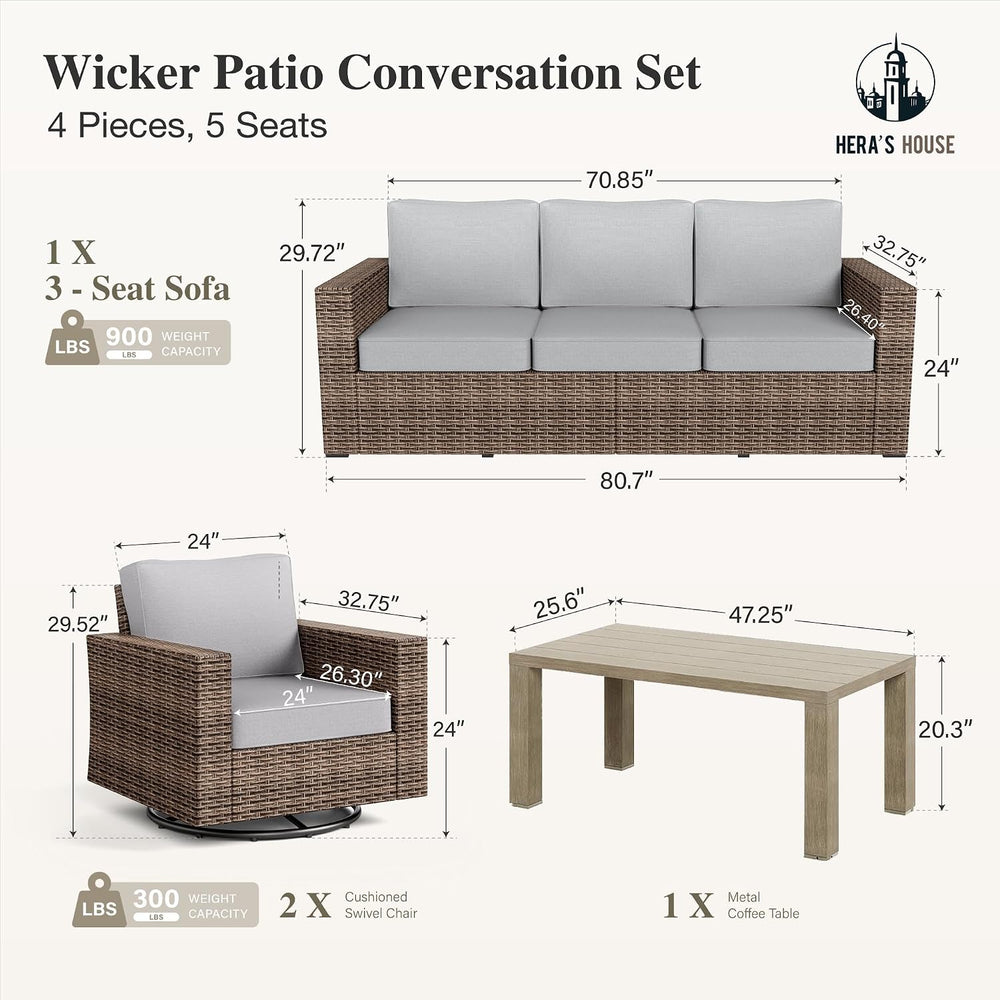HERA'S HOUSE 4-Piece Patio Furniture Set with Wide Arm, Grey
