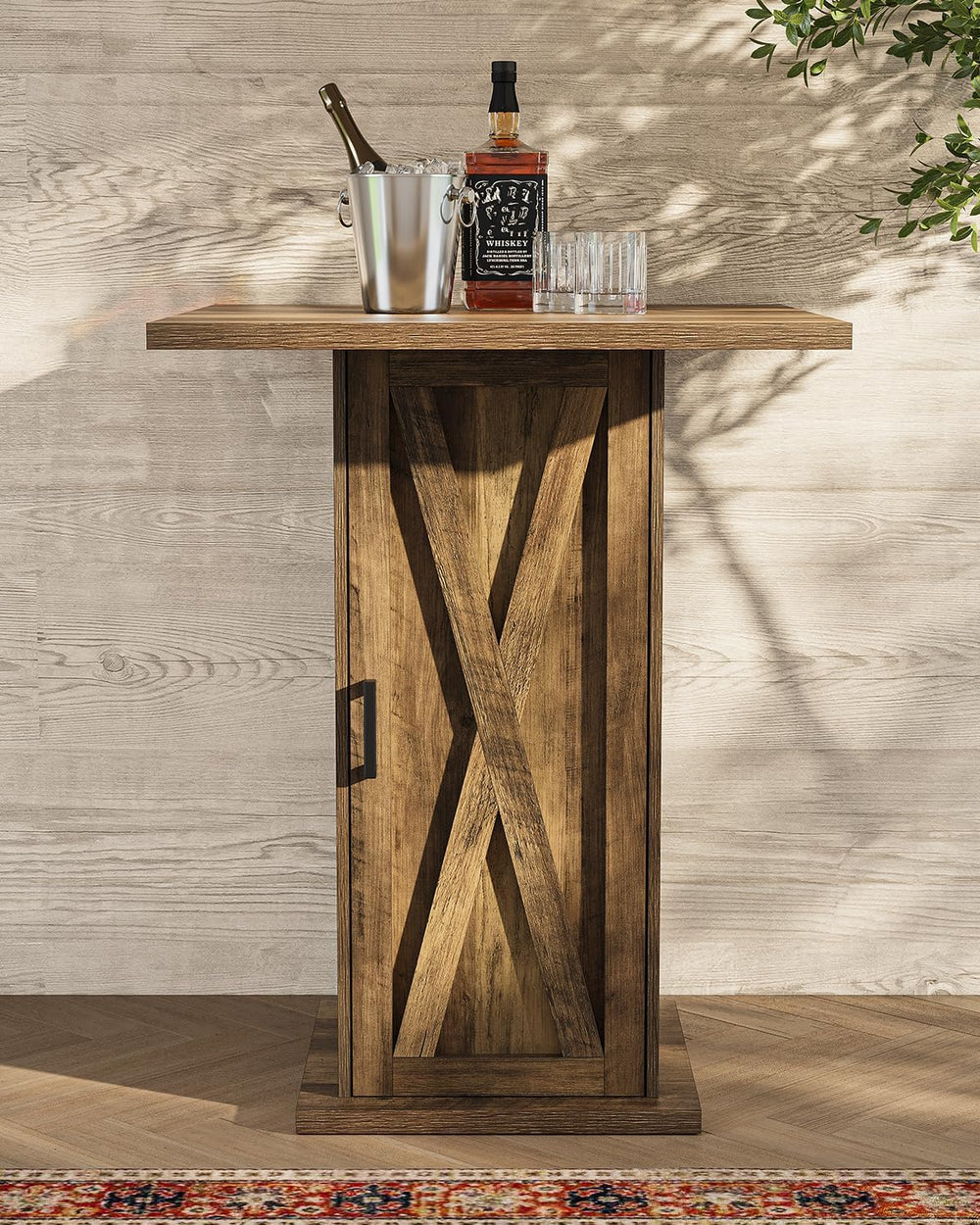 LITTLE TREE Bar Table with Storage Cabinet, 39.4" H Square High Top Pub ...
