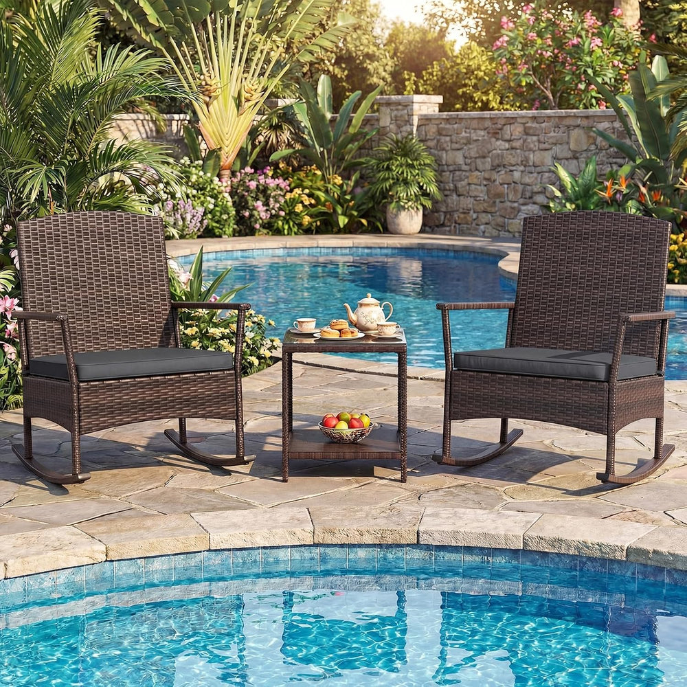 ORALNER 3 Pieces Patio Rocking Chair, Wicker Bistro Set w/Cushions (Gray)