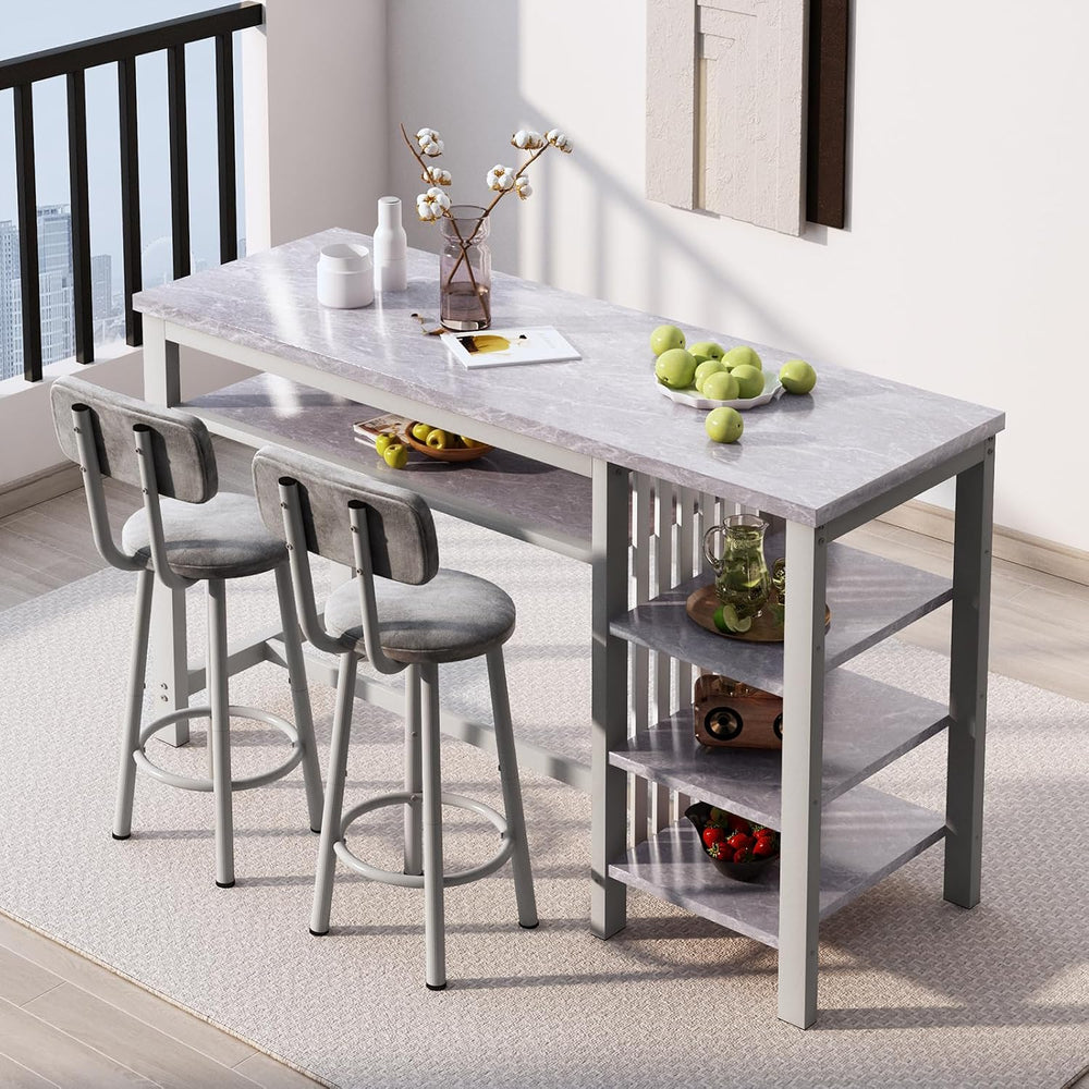 AWQM 3-Piece Bar Table and Chairs Set, Modern Gray Table with 2 PU Cushion Ba...