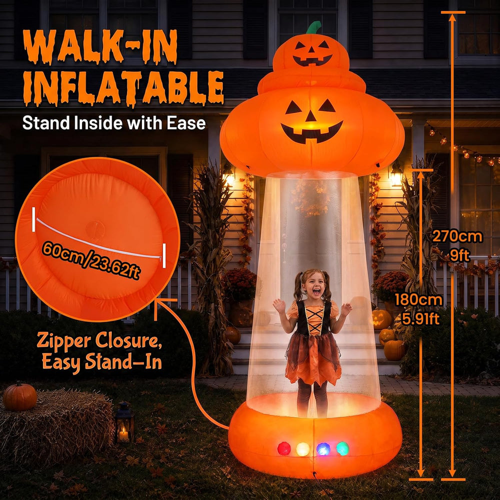 9 FT Halloween Inflatable Pumpkin, UFO Unique Alien Cow Abduction Design