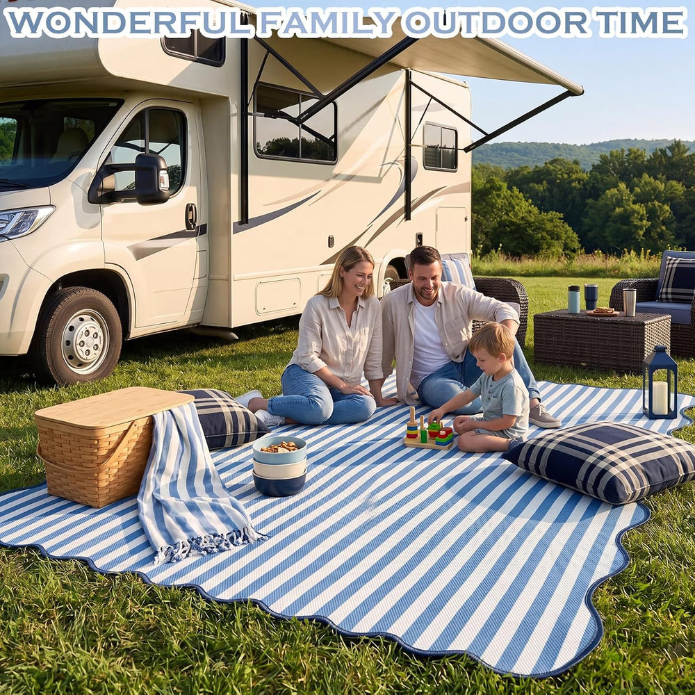 Blue Scalloped Outdoor Plastic Straw Rugs 5x8 ft Reversible Camping Rug Water...