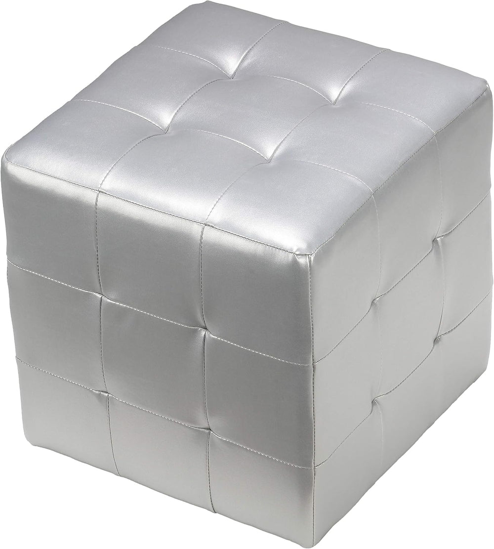 Cortesi Home Apollo Cube Ottoman in Metallic Silver Faux Leather