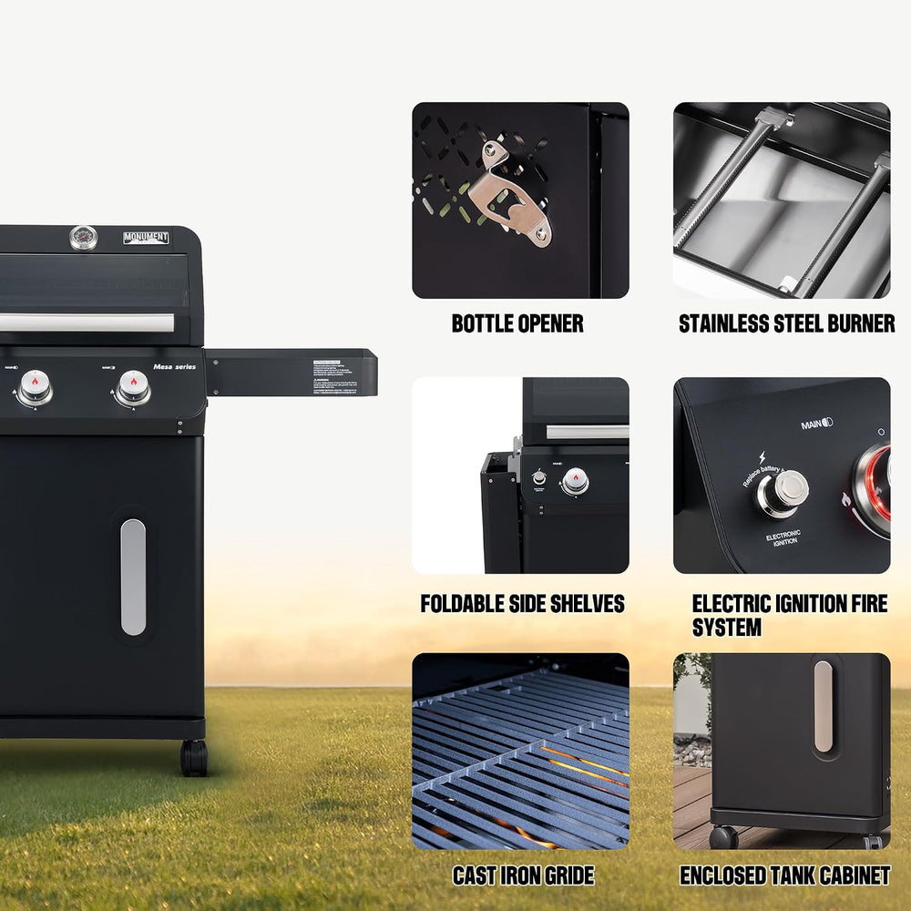 Monument Grills 2-Burner Stainless Steel Liquid Propane Gas Grill, Two Foldab...