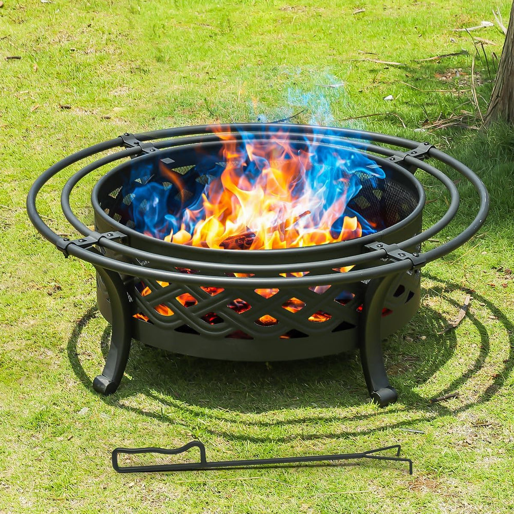 Panovue 36 Inch Outdoor Fire Pit with 2 Loops Spark Screen Black