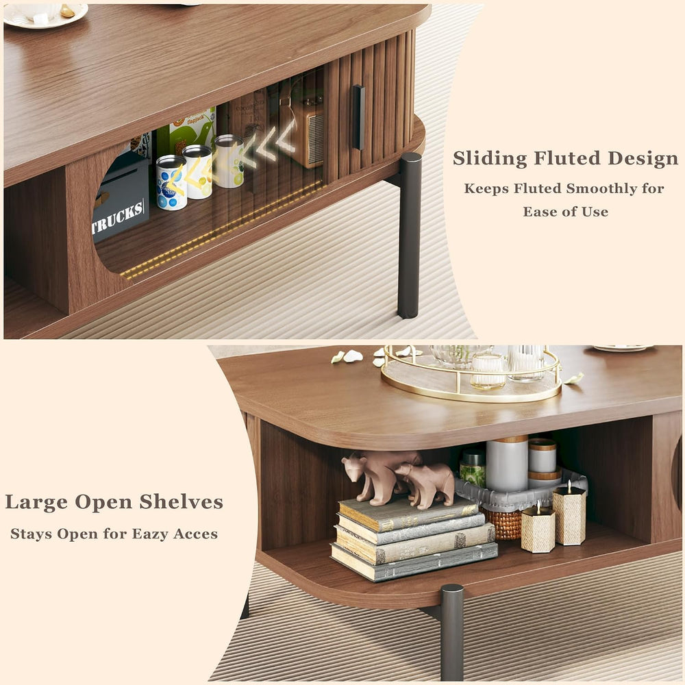 Coffee Table, 39.4" Fluted Coffee Table for Living Room, Mid Century Mod...
