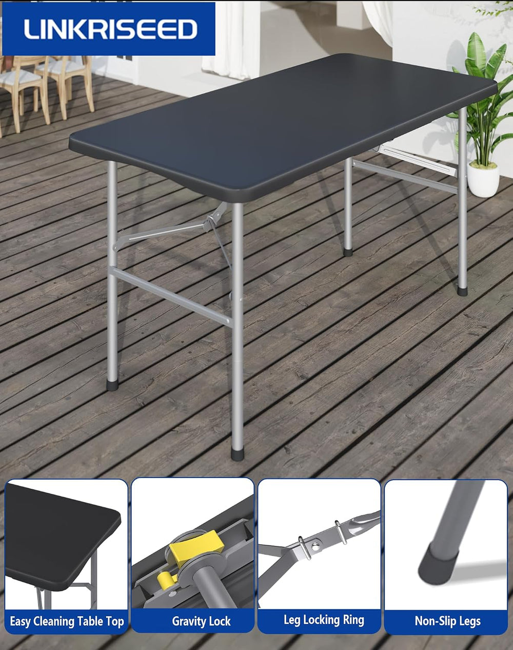 2 Pack 4FT Black Folding Table for Outdoor, 4 Foot Picnic Tables No Assembly ...