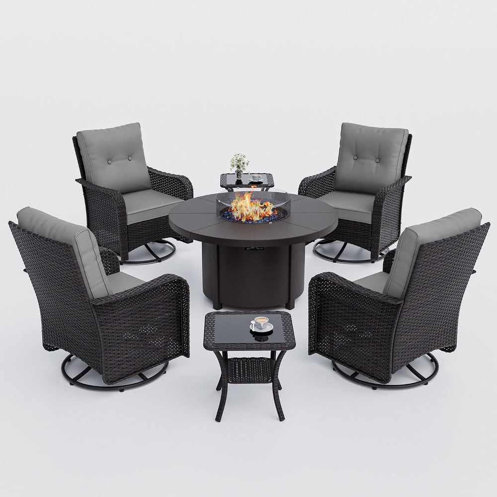 ALAULM 7-Piece Outdoor Swivel Rocking Chair Set with 40,000 BTU Round Fire Pi...