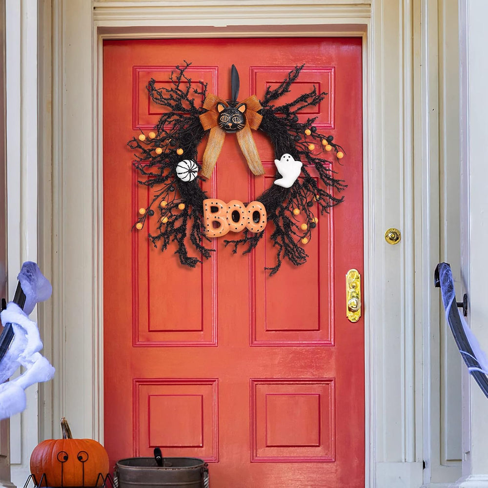 Halloween Wreaths for Front Door, 18Inch Halloween Wreath with Black Cat Boo ...