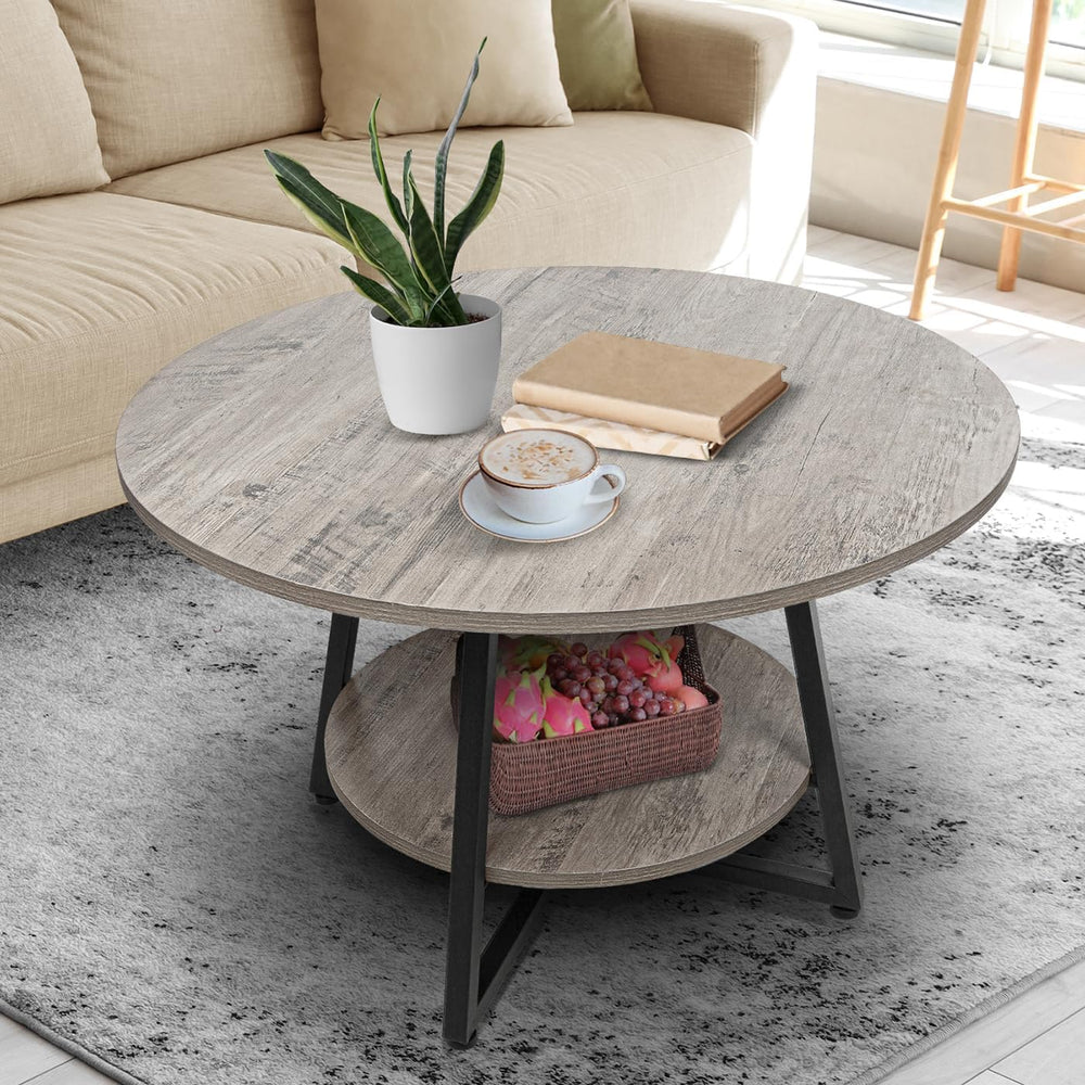 Round Coffee Table, 2-Tier Circle Coffee Table with Storage, Modern Wood Roun...