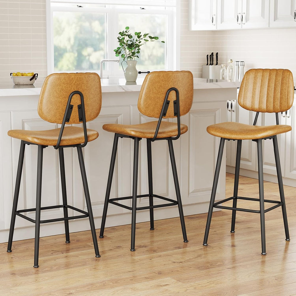 Raynesys 29-Inch Leather Bar Stools Set of 3 with High Backrest, Brown