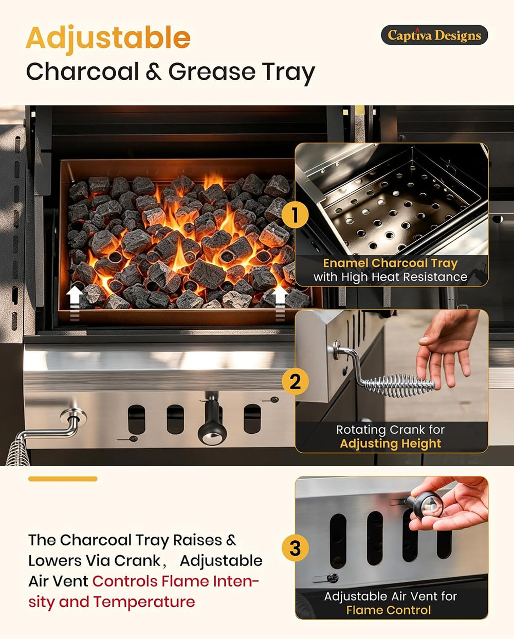 Captiva Designs Charcoal and Gas Grill Combo,690 SQIN Dual Fuel Propane BBQ