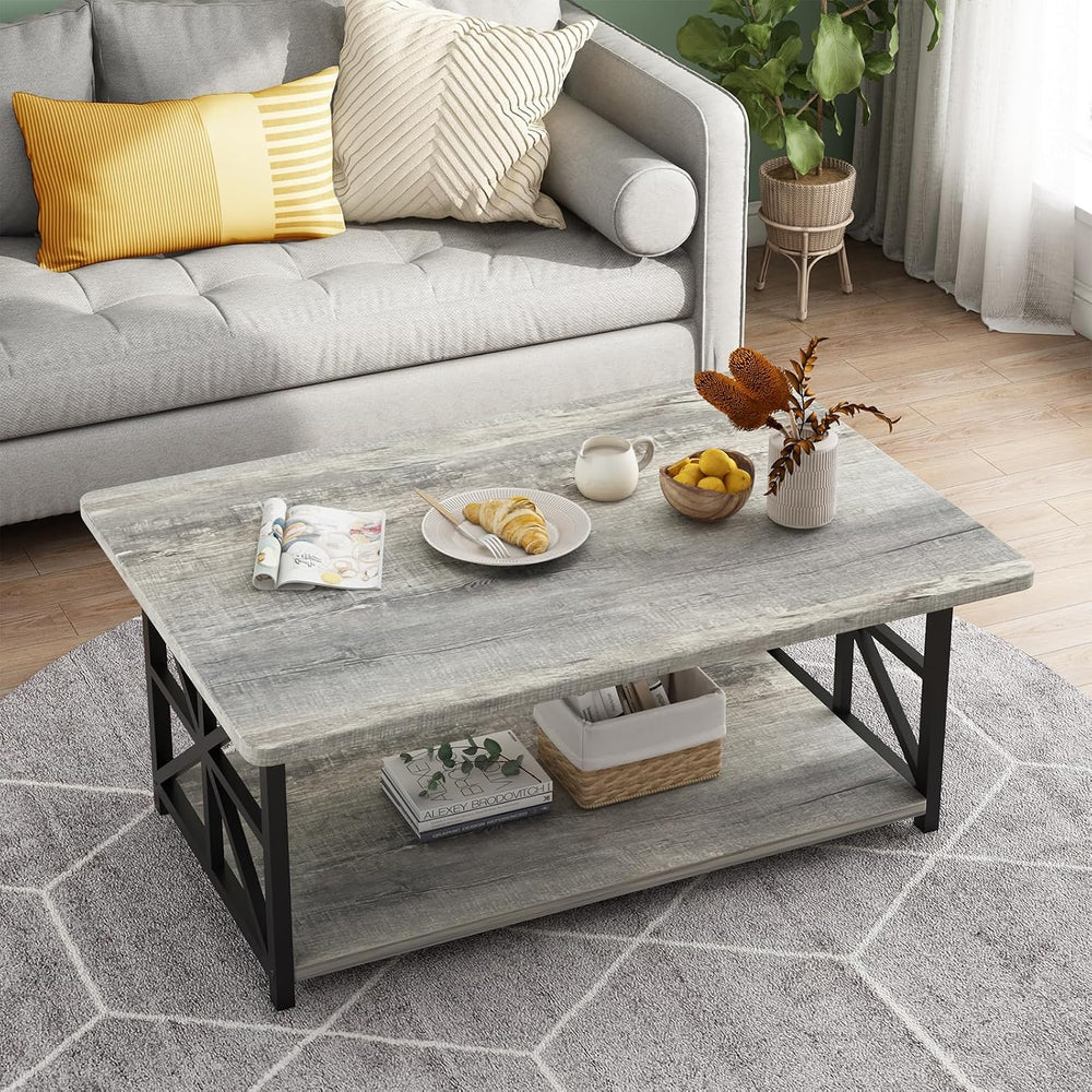 AWQM Gray Coffee Table for Living Room with Round Corners, 2 Tier Living Room...