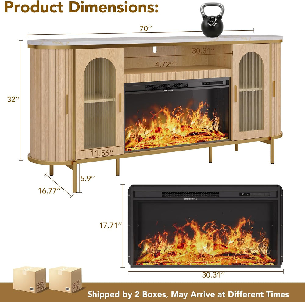 70" Fluted Fireplace TV Stand for TVs Up to 80 Inches, Entertainment Cen...